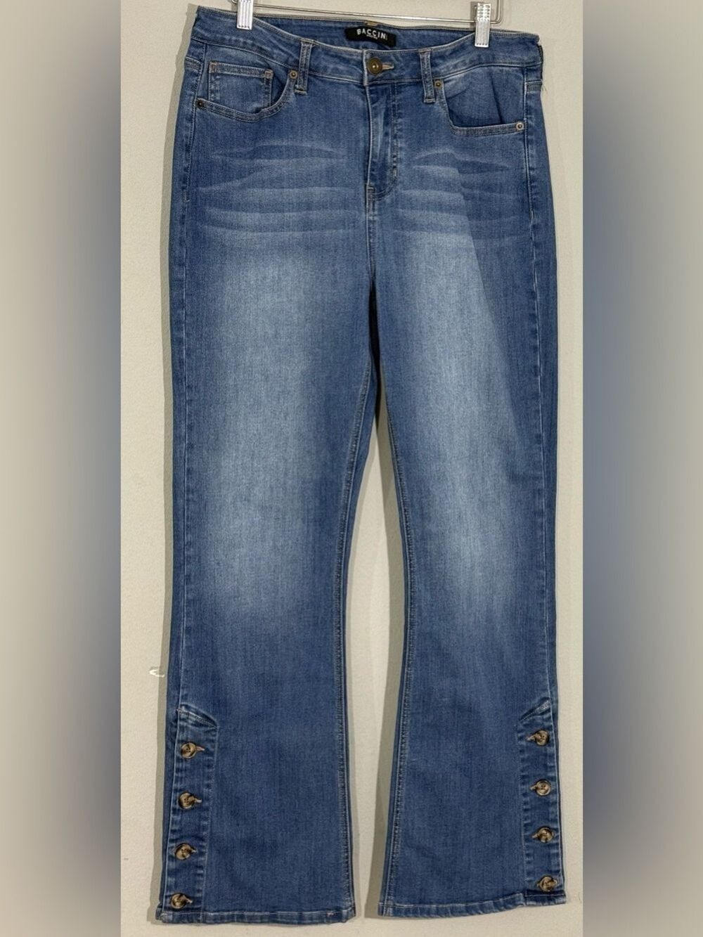 Baccini Bootcut Jeans Womens Size 10 Medium Wash Stretch Button Hem Denim
